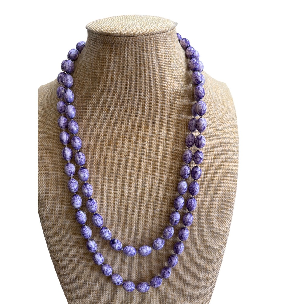 Vintage Purple Marbled Oval Bead Necklace Long Double Strand  Lavender Boho